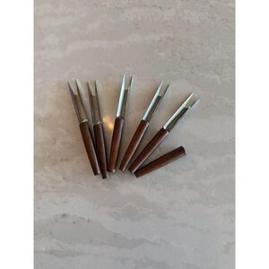Vintage Mid-Century DAL USA Stainless Steel Cocktail Appetizer Forks with Wood H